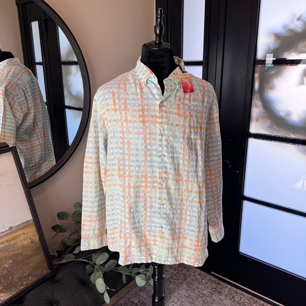 Tommy Bahama Relax Mens XL Linen Button Down Shirt Plaid Blue Orange Long Sleeve